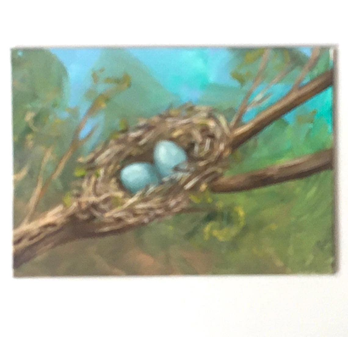 Two eggs in a nest Original oil painting outdoor happy family art wall hanging
