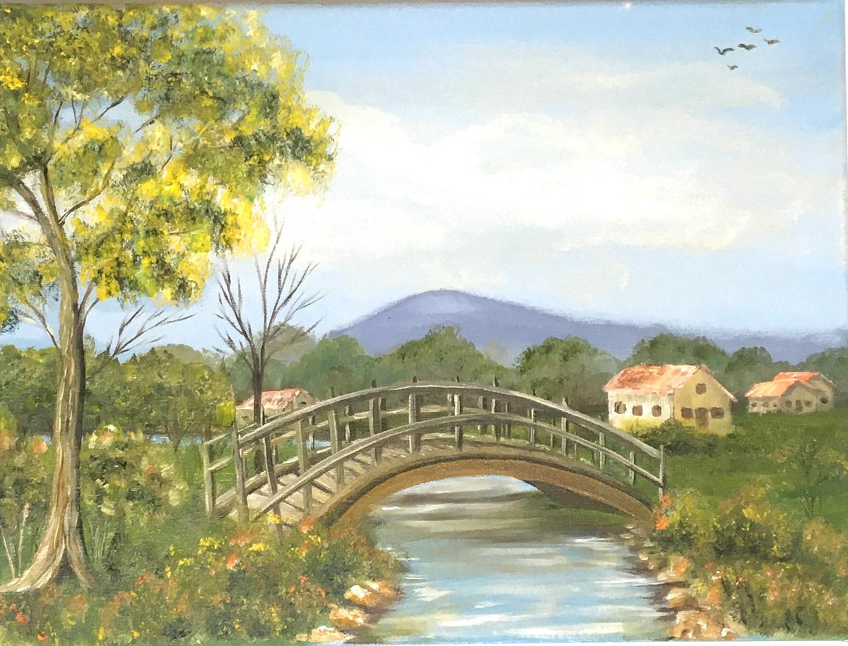 Landscape bridge 16x20 inches Original oil painting outdoor sunny day art wall hanging