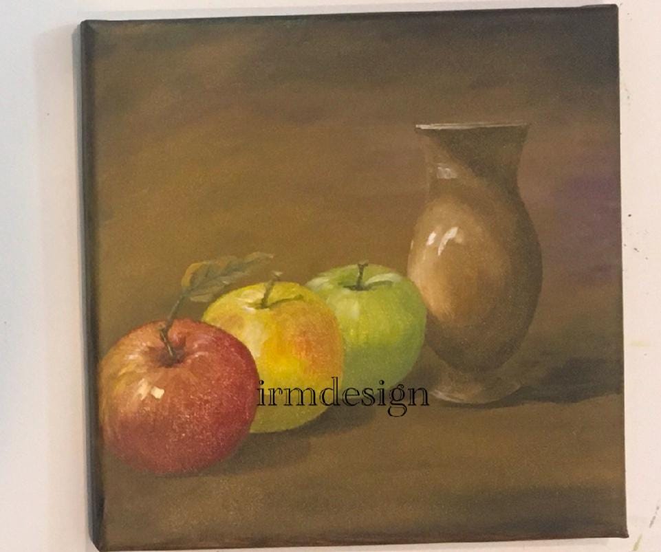 Original 10x10 oil painting 3 apples kitchen art ready ooak wall hanging gift