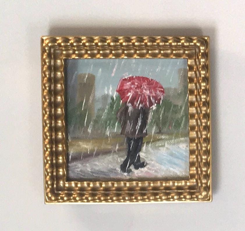 Walking holding umbrella in rain 4x4 inches Original oil painting art wall hanging or on desk