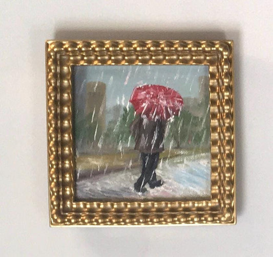 Walking holding umbrella in rain 4x4 inches Original oil painting art wall hanging or on desk