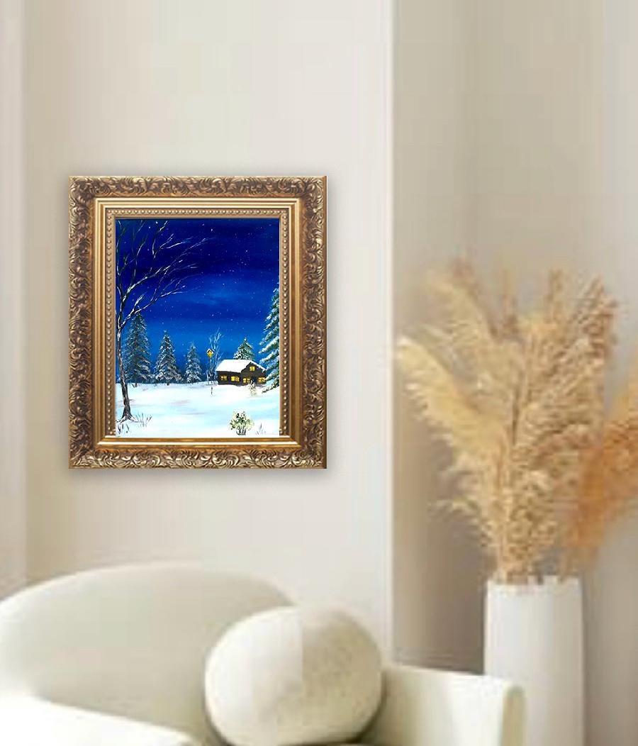 Landscape winter night 16x20 inches Original oil painting outdoor snow art wall hanging