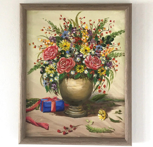 Original oil painting colorful flowers in a vase art ready ooak wall hanging gift