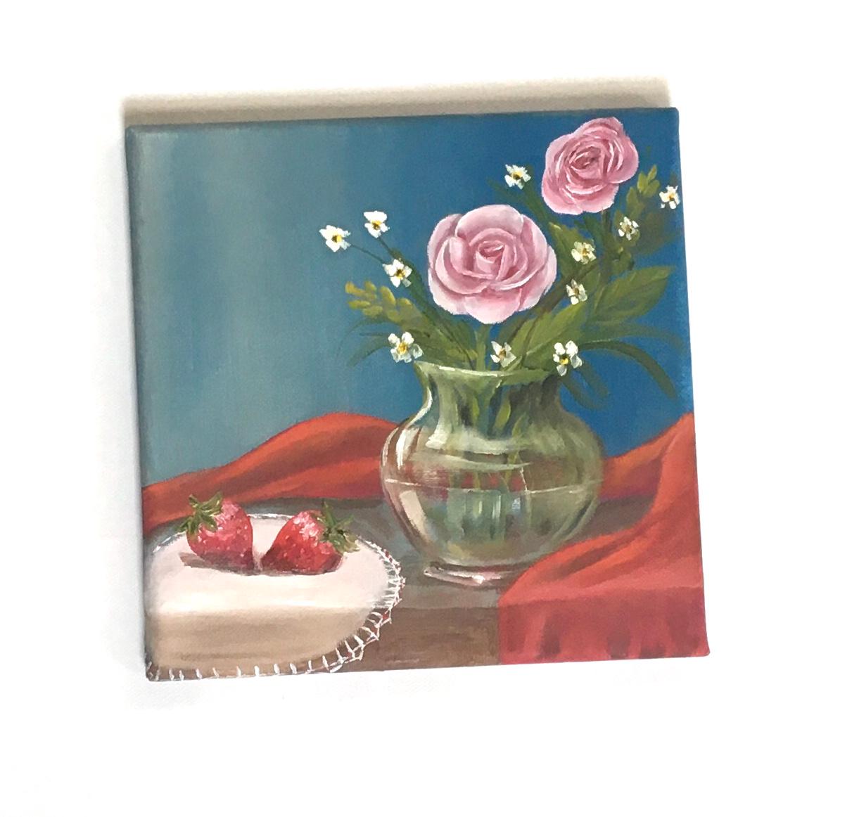 Original oil painting 8x8 inches red strawberries flowers vase art ready ooak wall hanging gift