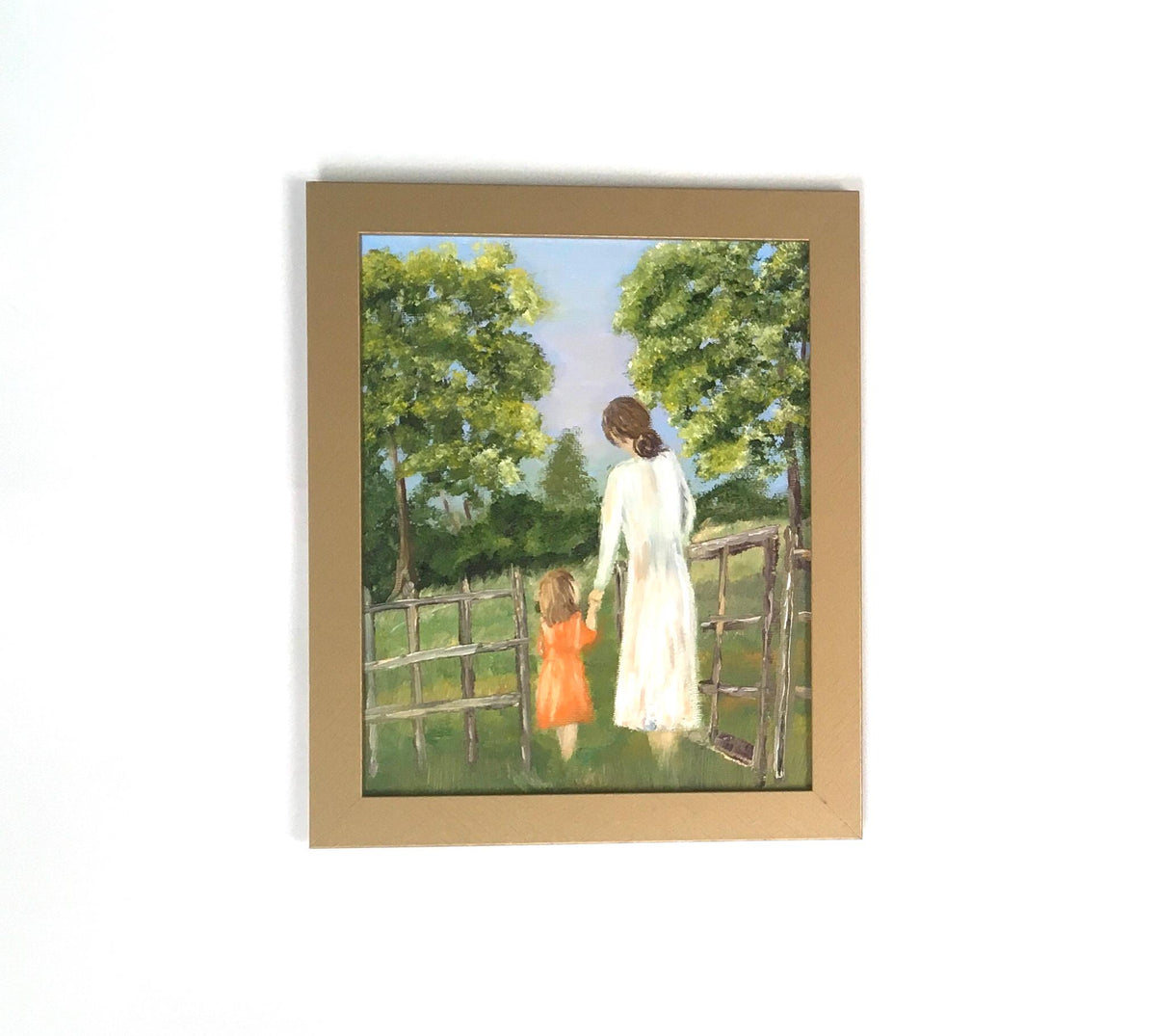 Original oil painting mother daughter entering a garden