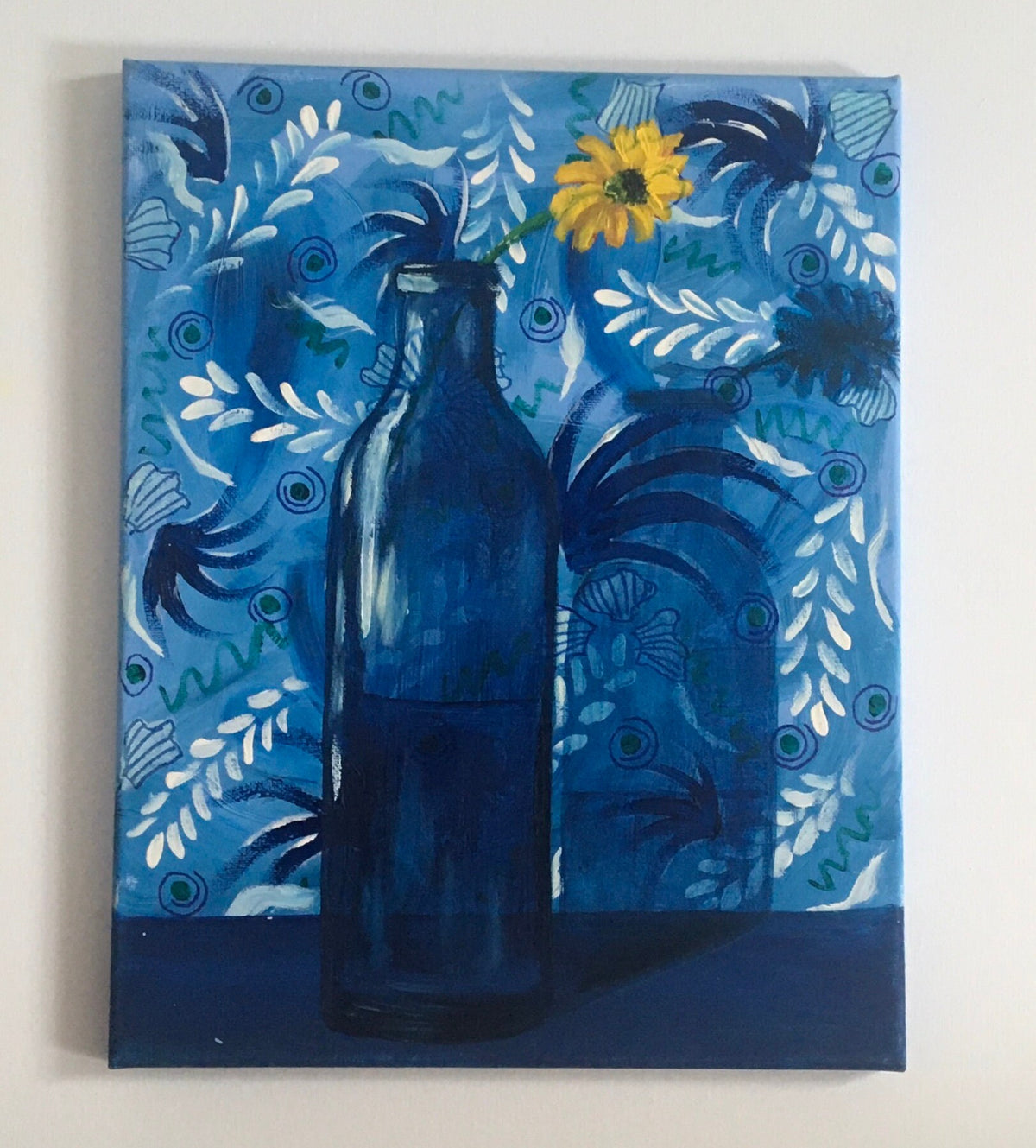 Original oil painting yellow flower in blue bottle art ready ooak wall hanging gift