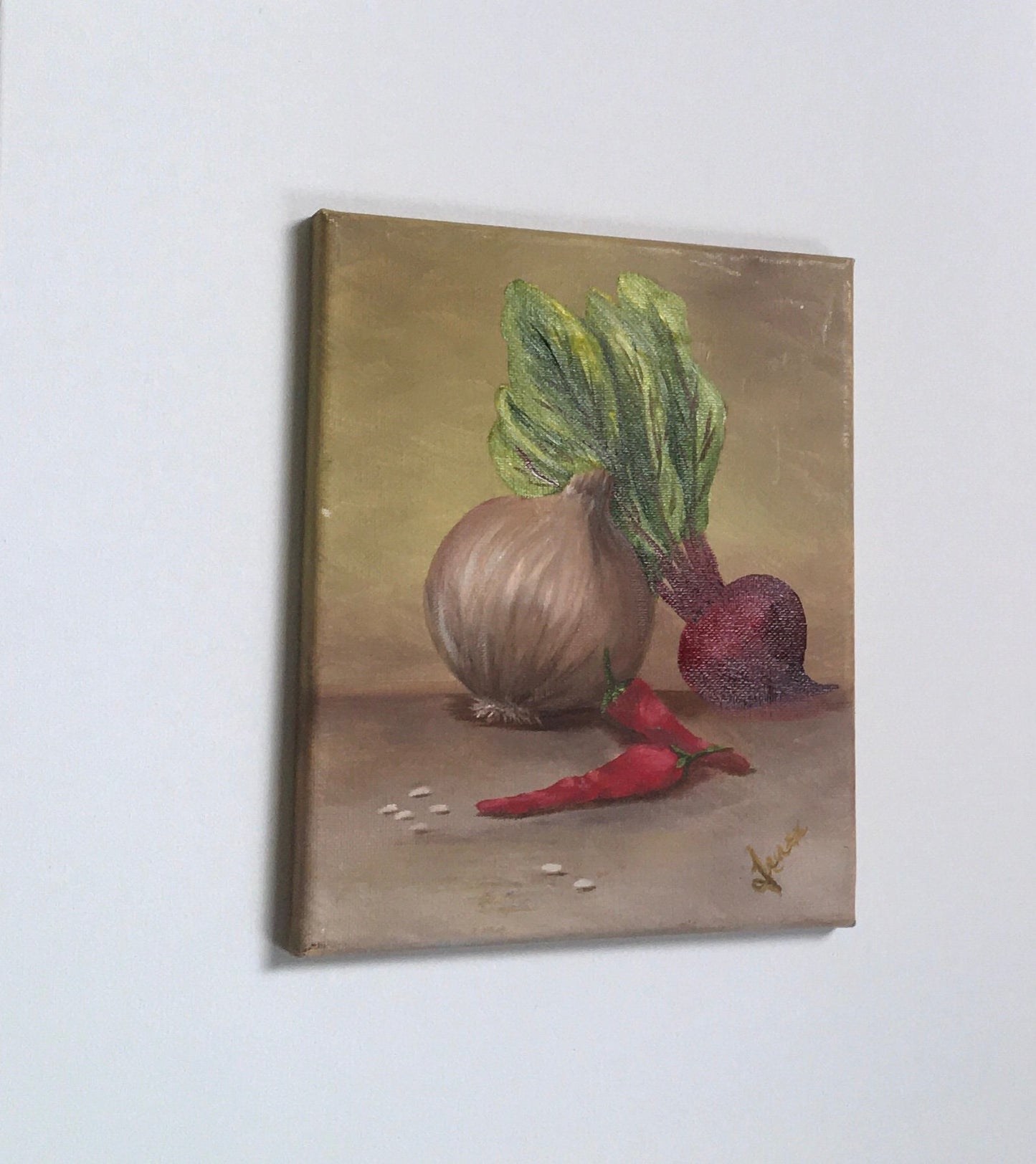Original oil painting art onion turnip peppers kitchen food wall hanging