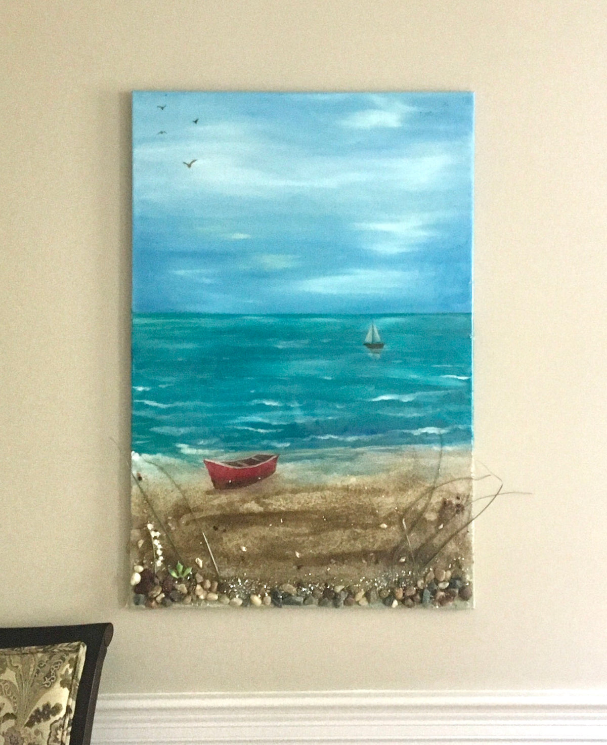 Original art beach seascape boat relaxing resin glass art 3D painting canvas art wall hanging