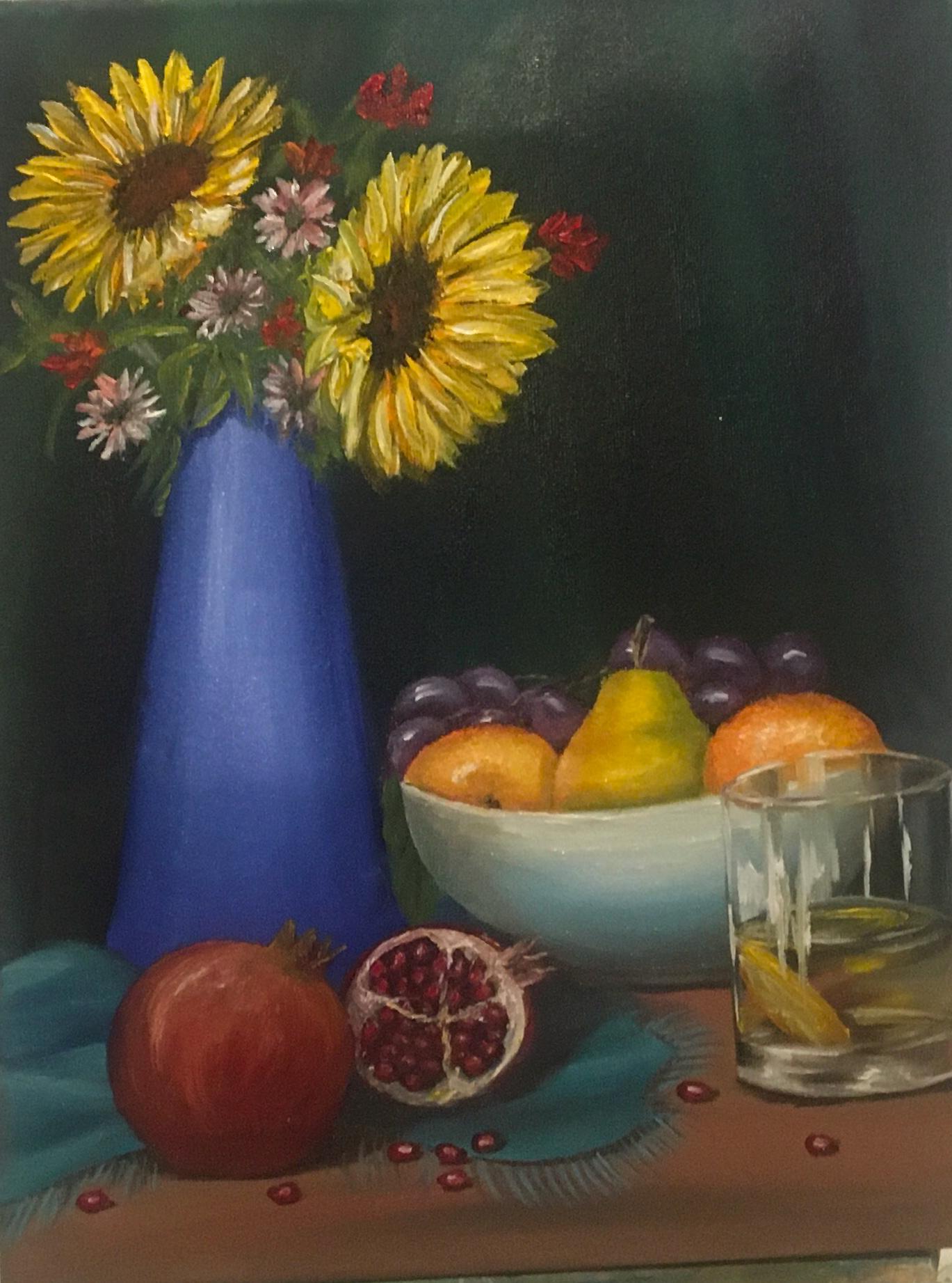 14x11 inches Original oil painting fruit bowl sunflowers vase kitchen art wall hanging