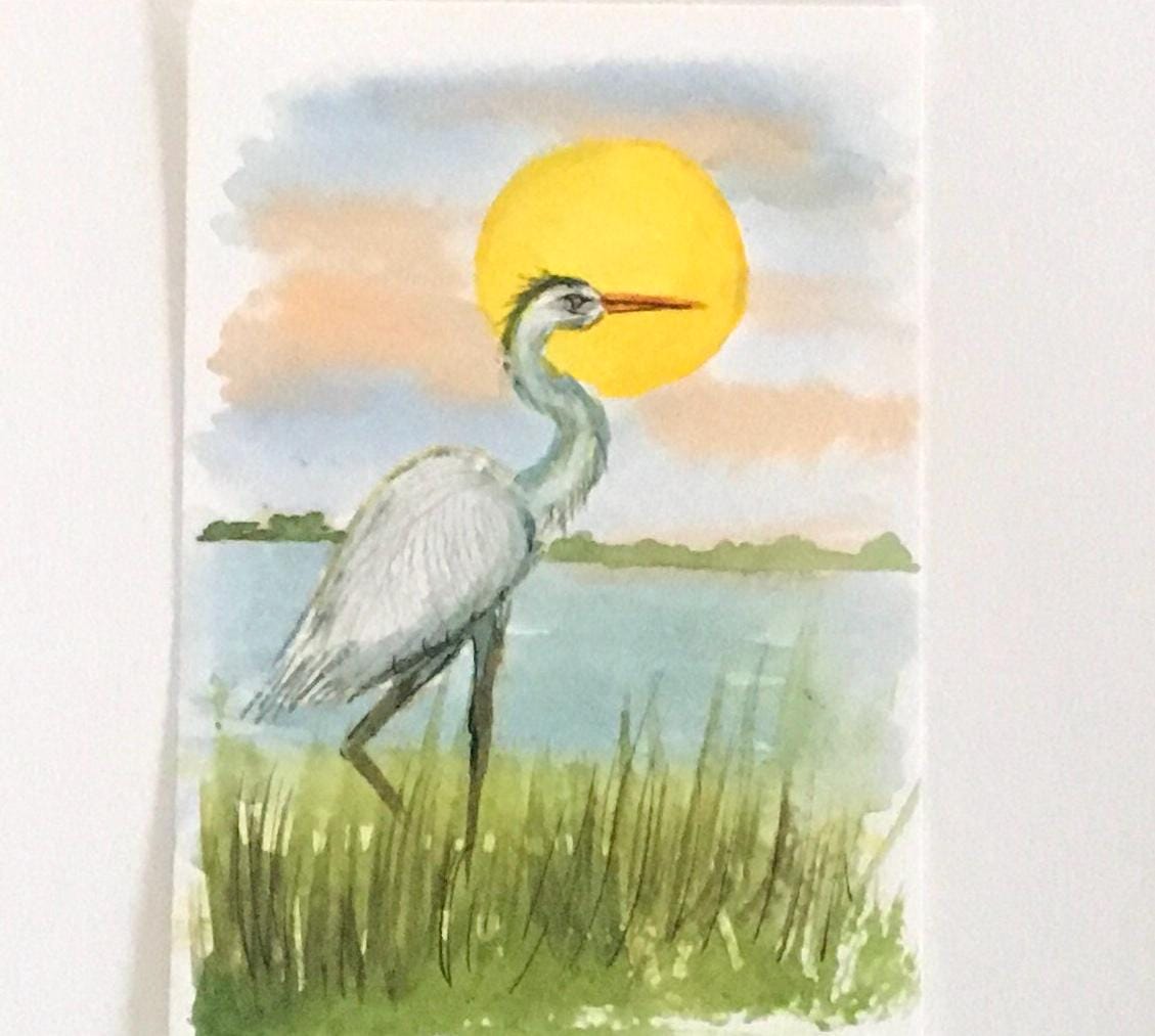 Bird Heron 4x6 inches Original painting watercolor art (not print)