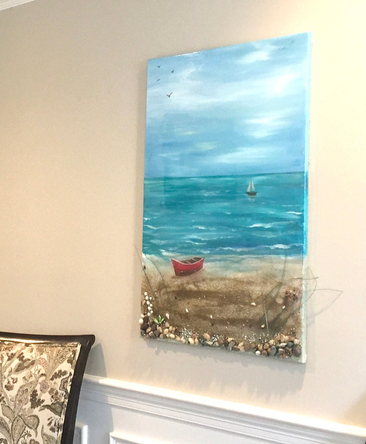 Original art beach seascape boat relaxing resin glass art 3D painting canvas art wall hanging