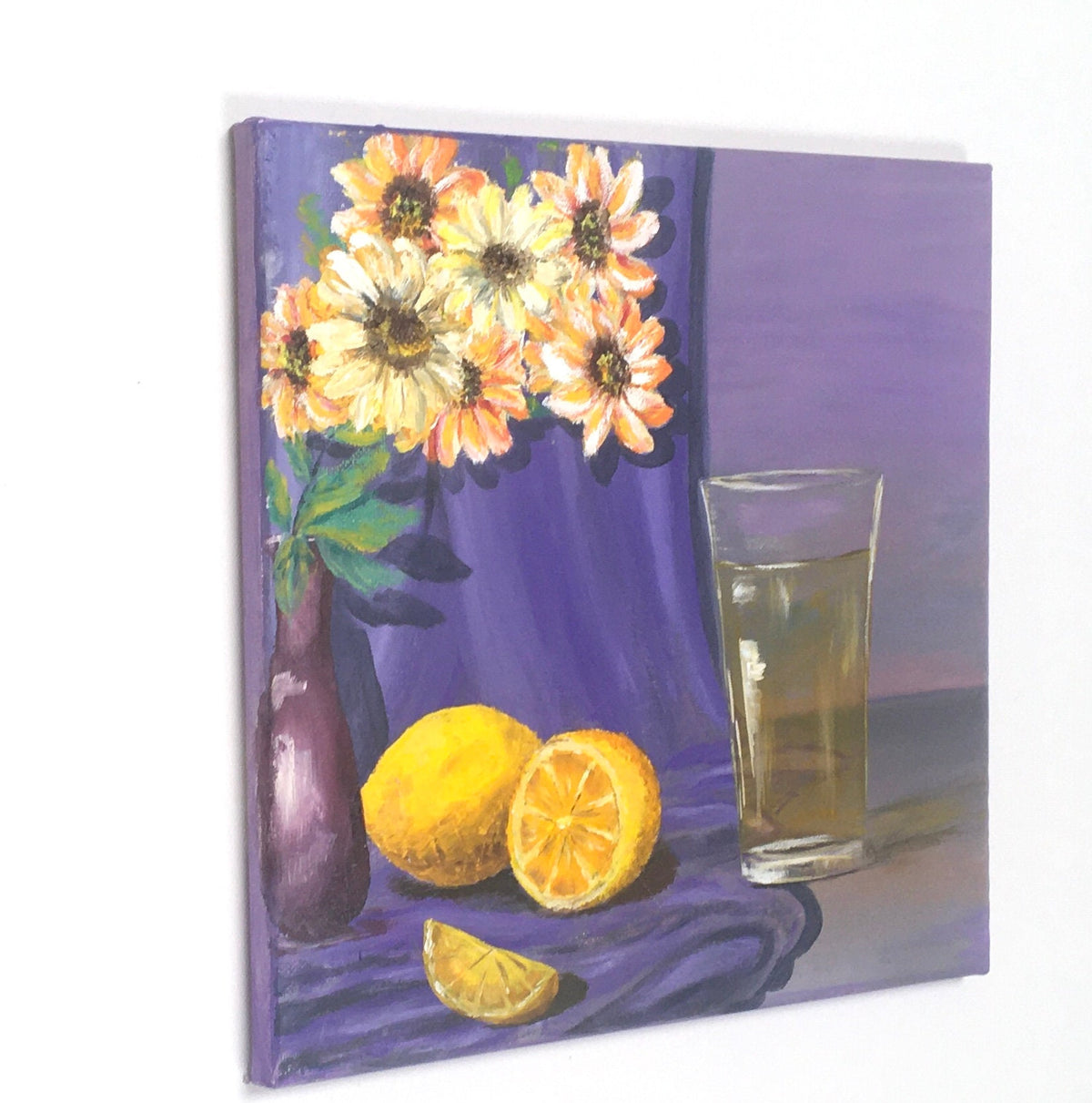 Original oil painting art lemon lemonade flowers still life kitchen food wall hanging