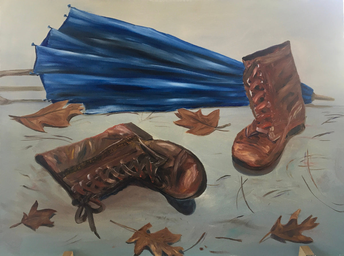 Original oil painting boots umbrella still life art ready ooak wall hanging