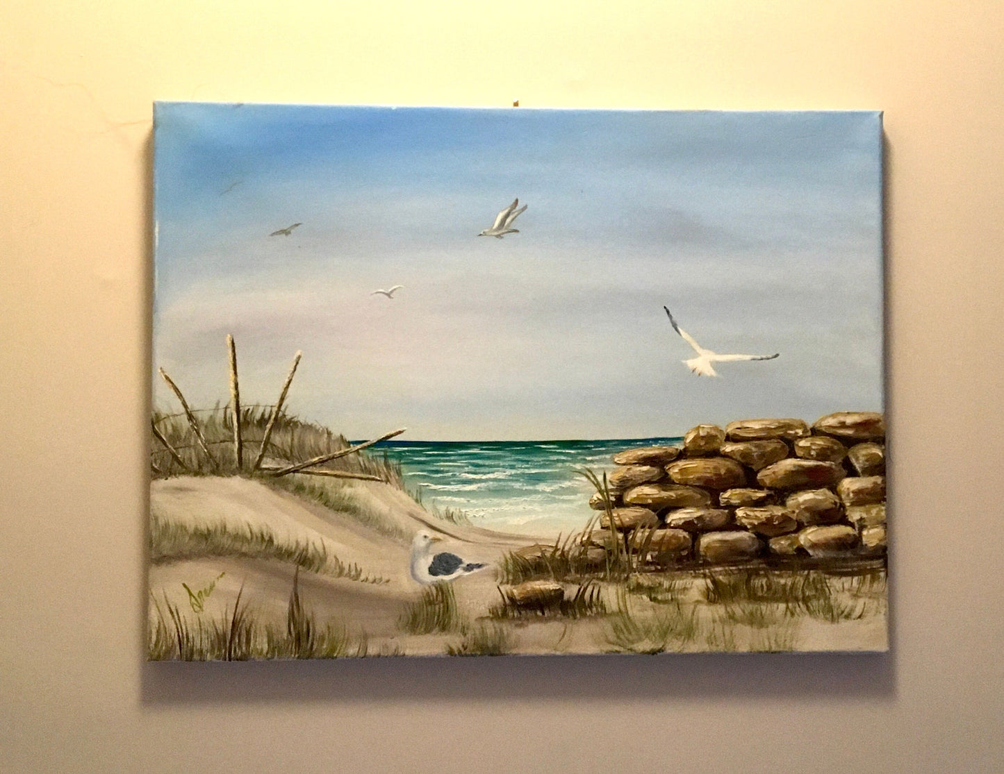 Original oil painting seascape seagulls beach vacation art wall hanging