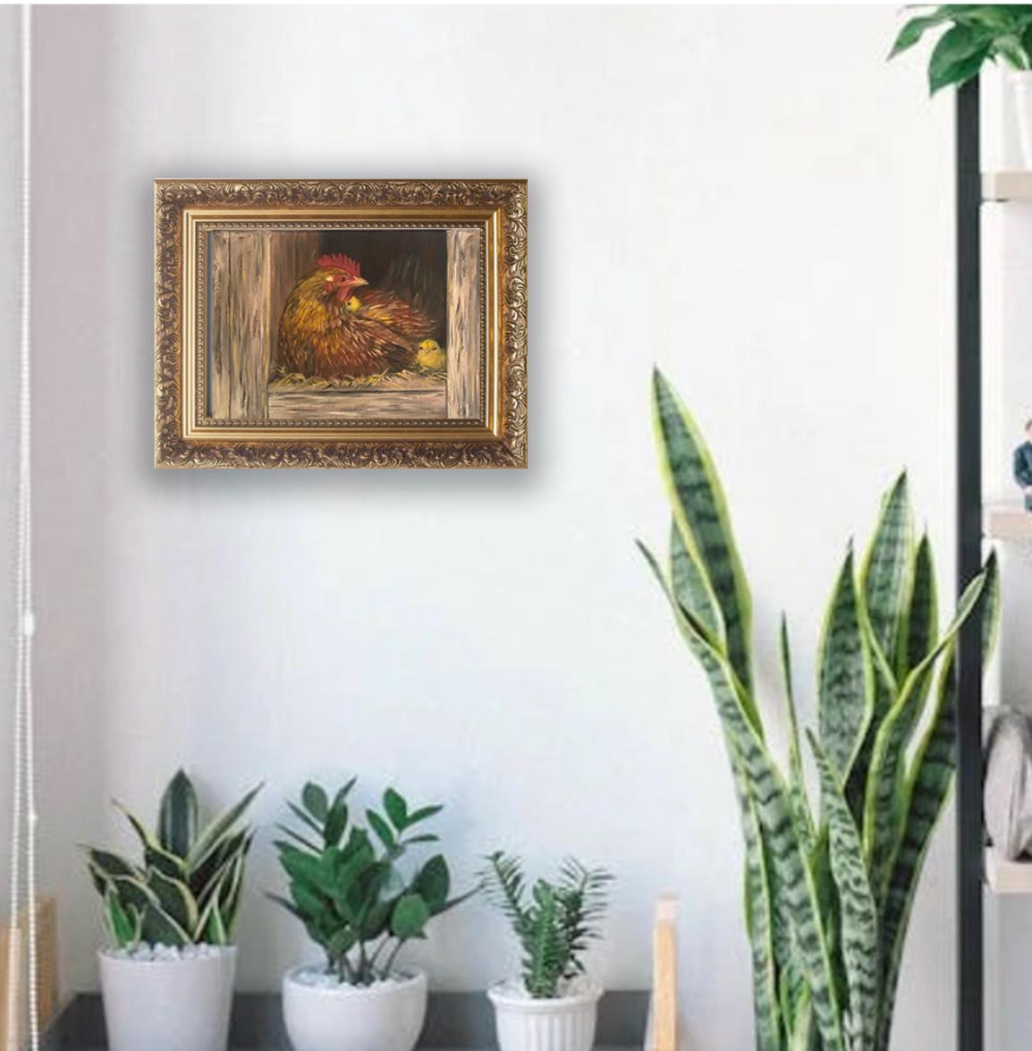 Mother hen chicks 16x12 inches Original oil painting art wall hanging