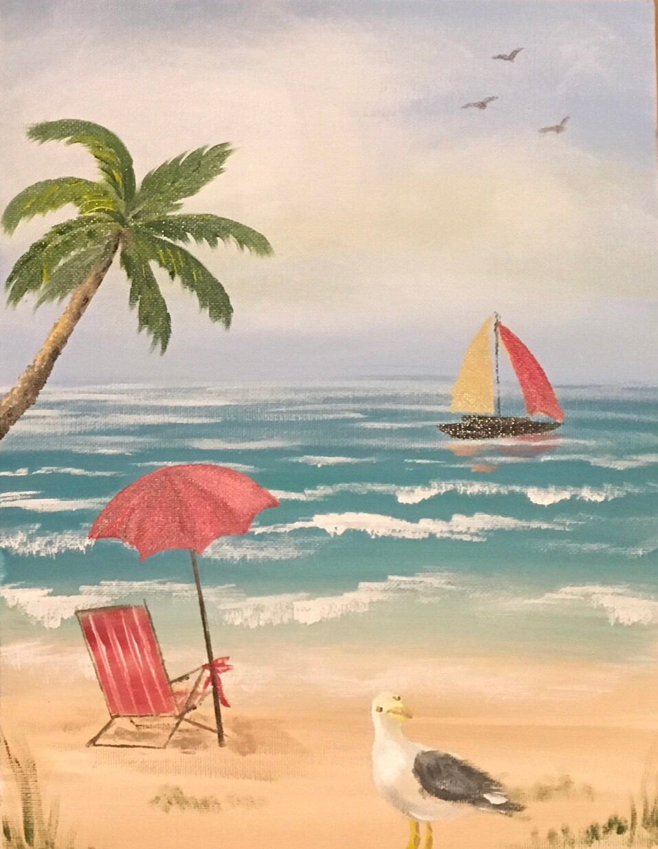 Original art beach seascape bird relaxing oil painting canvas board art wall hanging