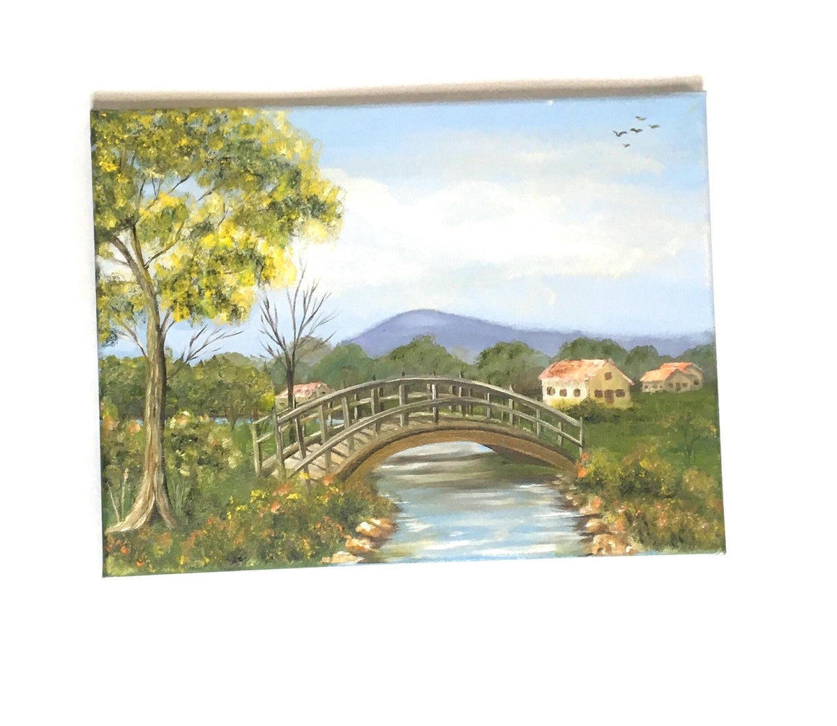 Landscape bridge 16x20 inches Original oil painting outdoor sunny day art wall hanging