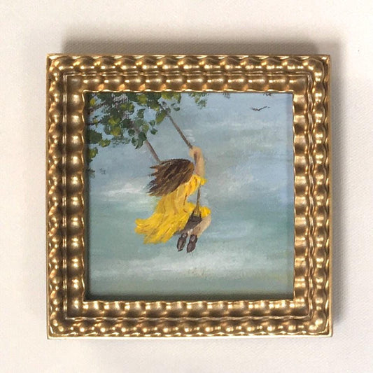 Girl swing 4x4 inches Original oil painting art wall hanging or on desk
