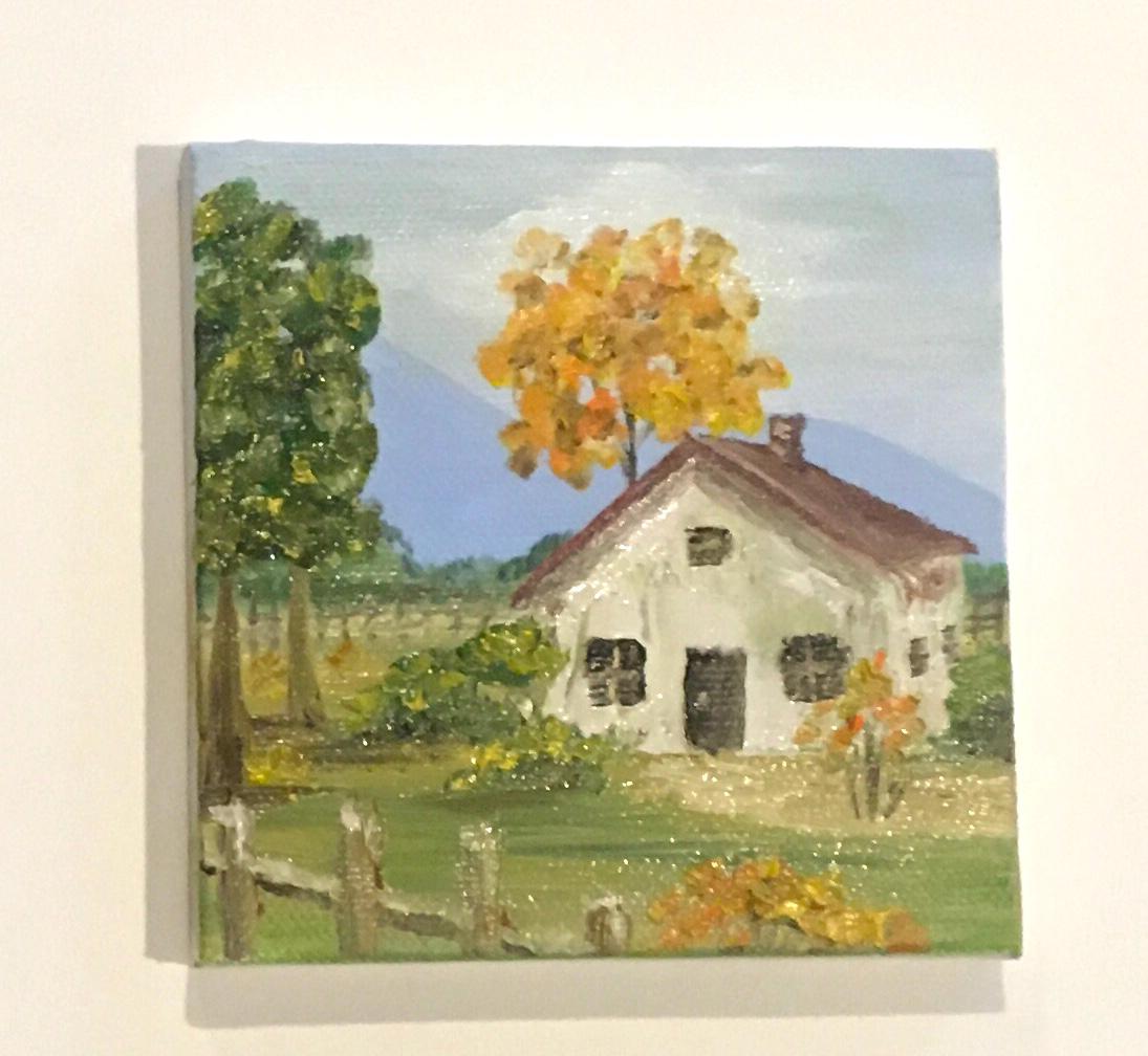 Landscape house 4x4 inches Original oil painting art wall hanging