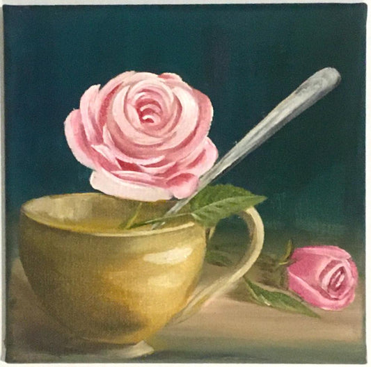 Original oil painting 8x8 inches pink rose flower in a teacup art ready ooak wall hanging gift