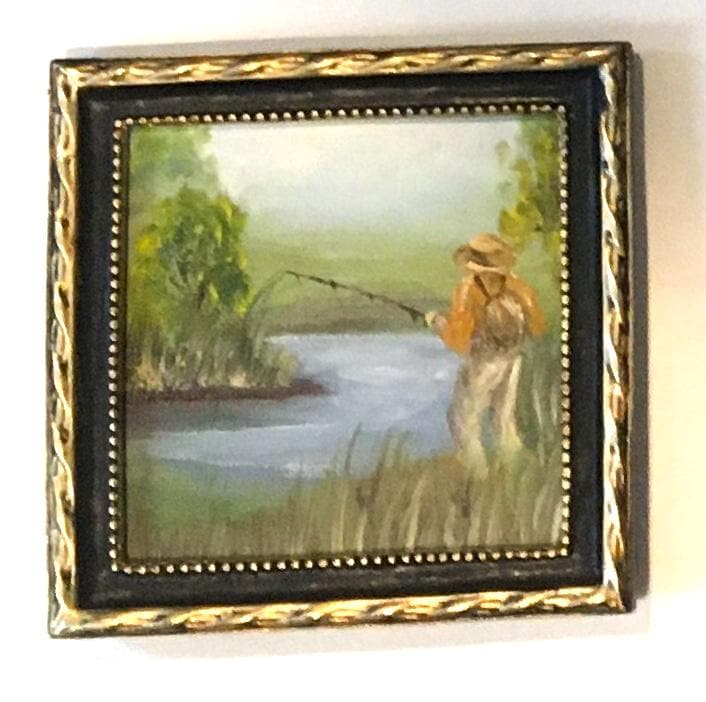 Man fishing Landscape Original oil painting art wall hanging or on desk