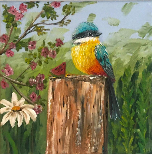 10x10 Original oil painting bird outside art ready ooak wall hanging gift