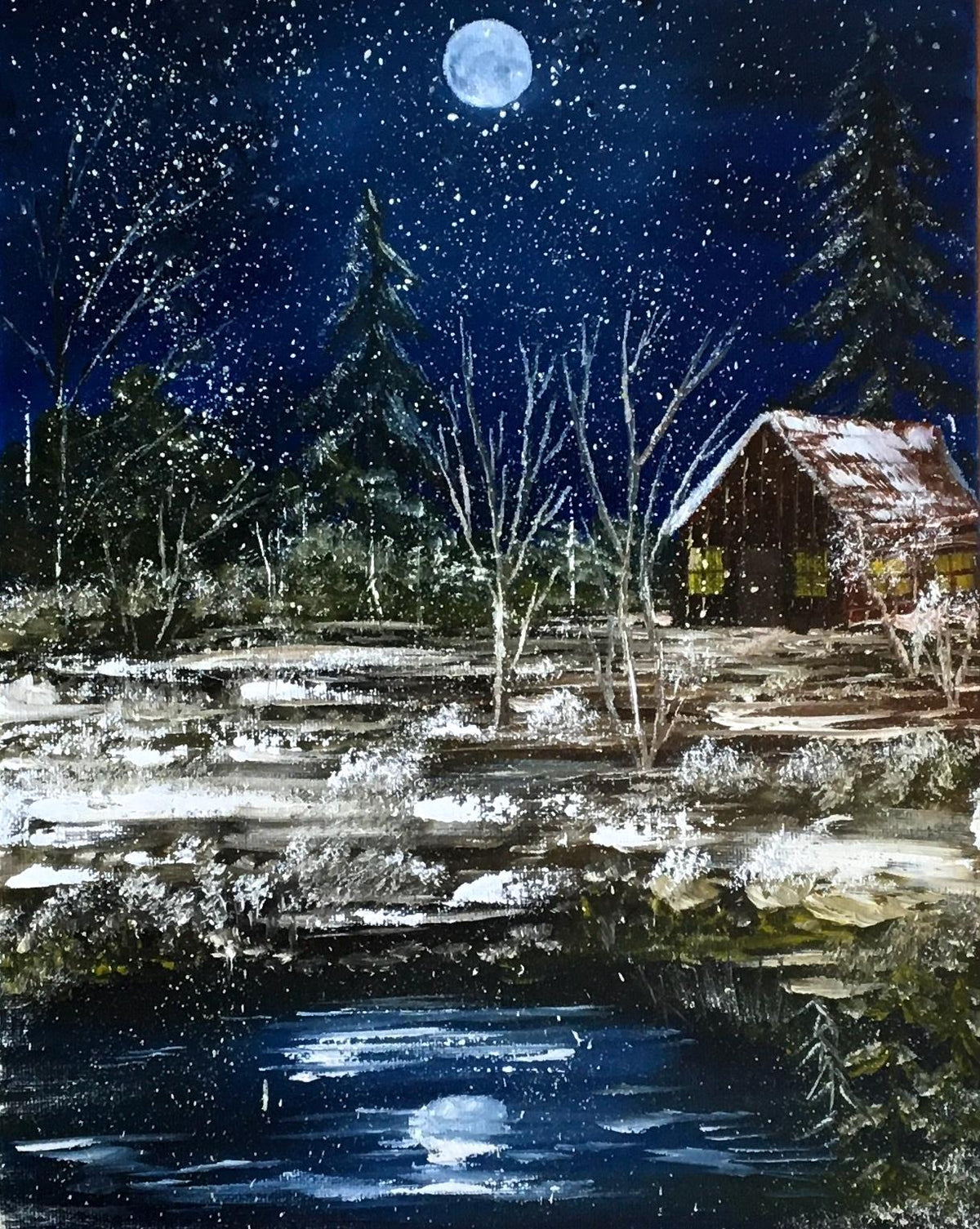 Original oil painting landscape winter night full moon outdoor art ready ooak wall hanging