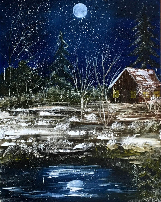 Original oil painting landscape winter night full moon outdoor art ready ooak wall hanging