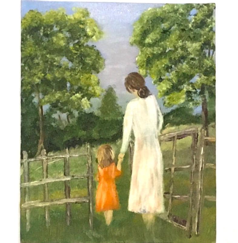 Original oil painting mother daughter entering a garden