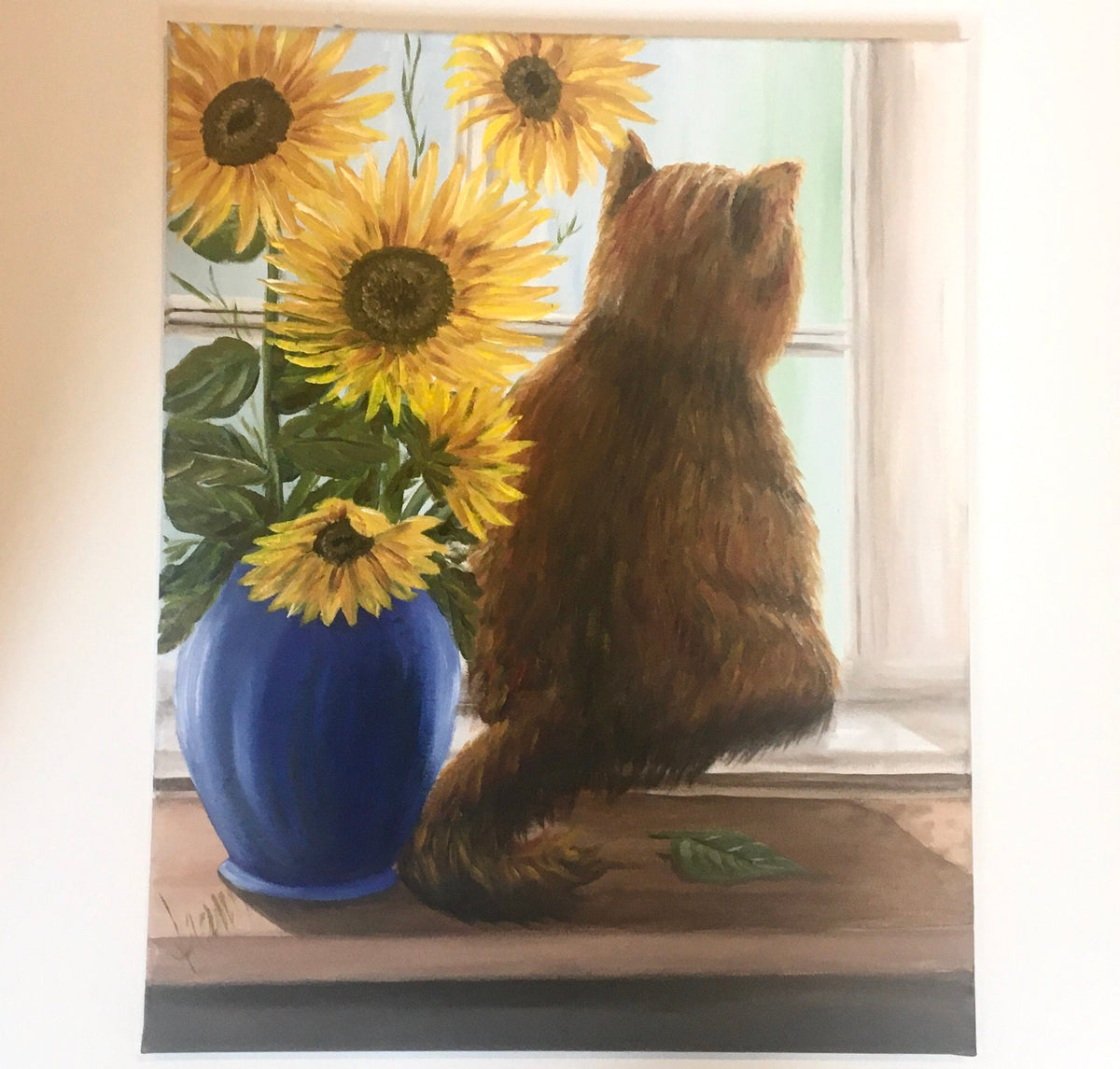 Original oil painting cat in widow sunflowers art ready ooak wall hanging gift