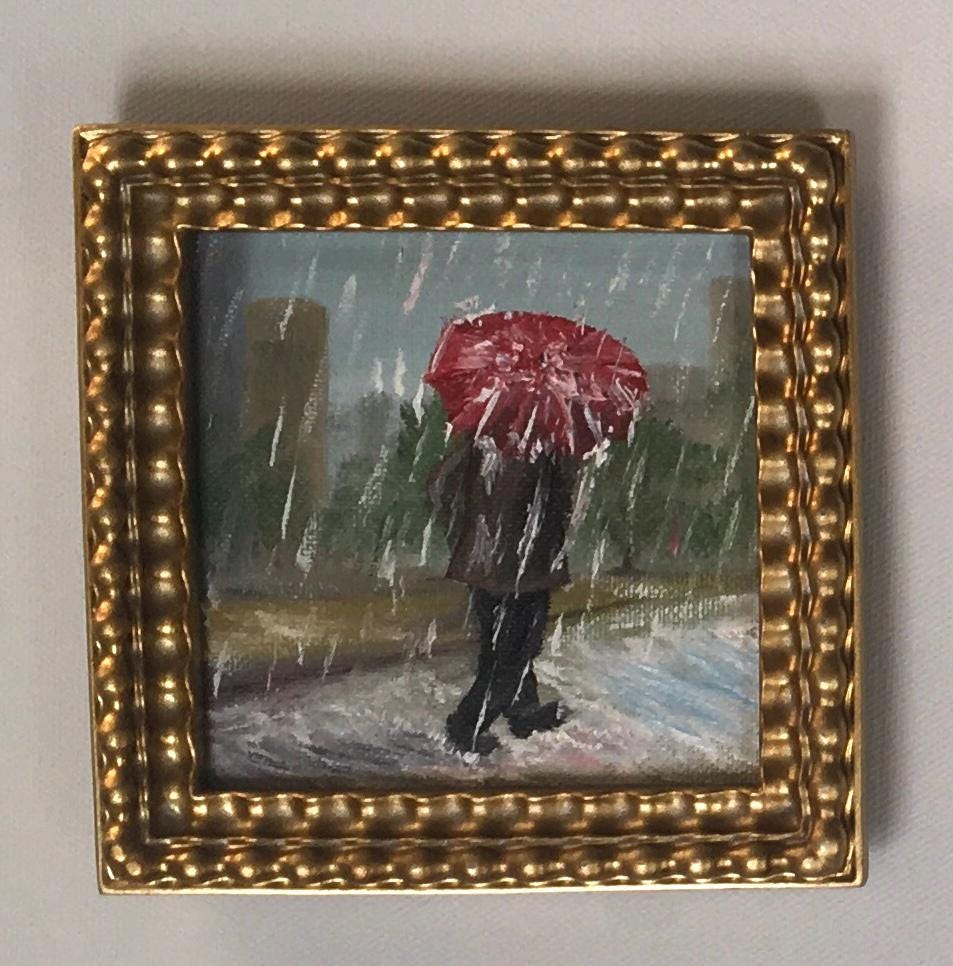 Walking holding umbrella in rain 4x4 inches Original oil painting art wall hanging or on desk