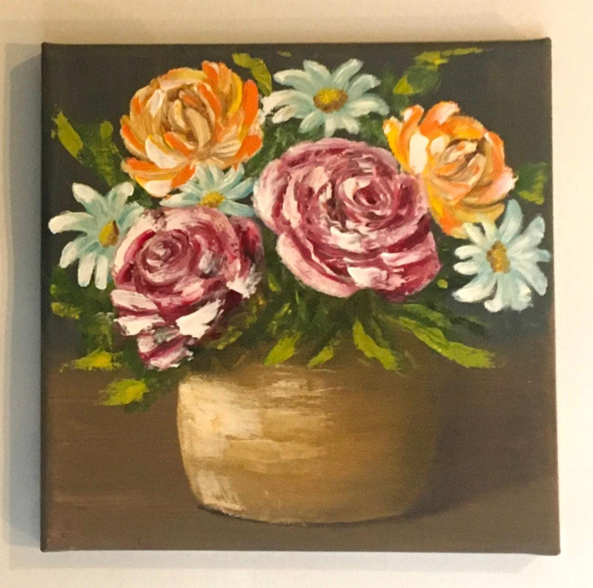 Original oil painting 8x8 inches flower vase art ready ooak wall hanging gift