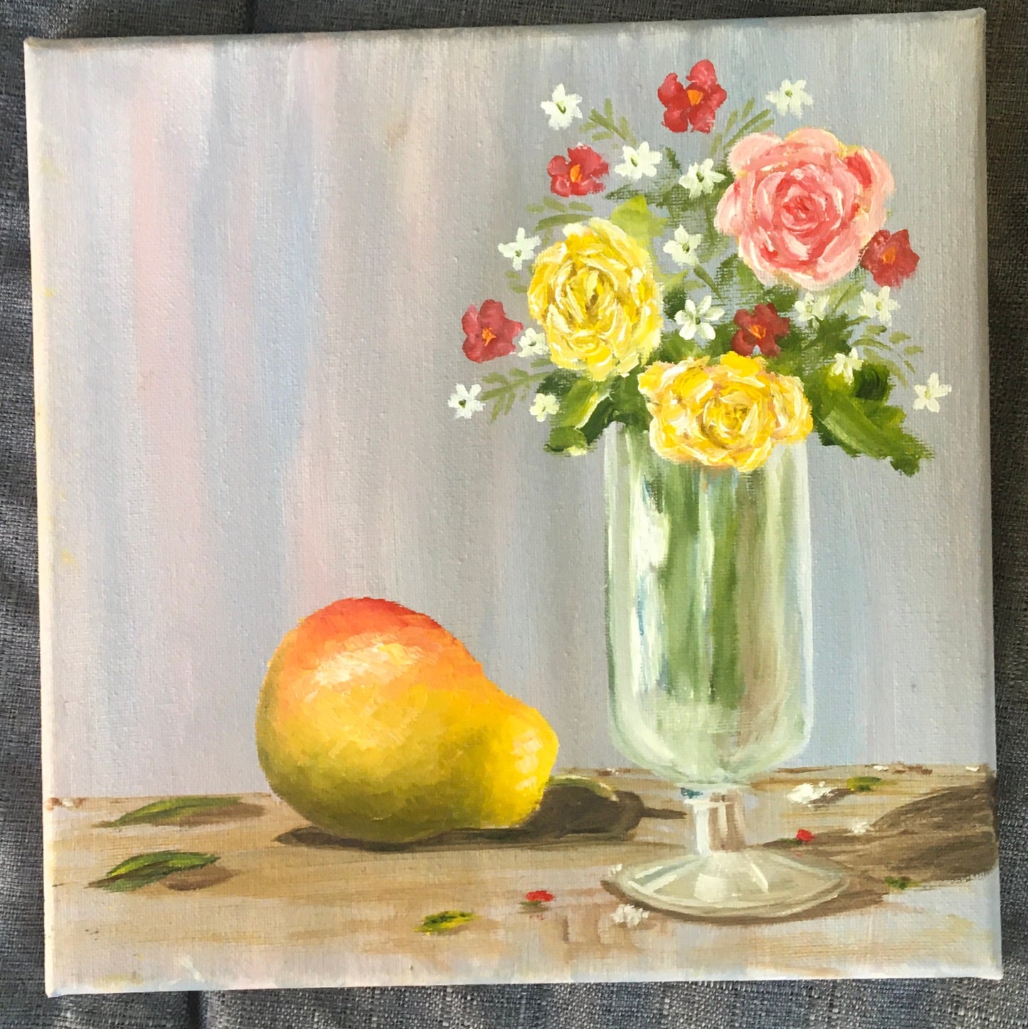 Original oil painting pear fruit flowers kitchen art ready ooak wall hanging gift