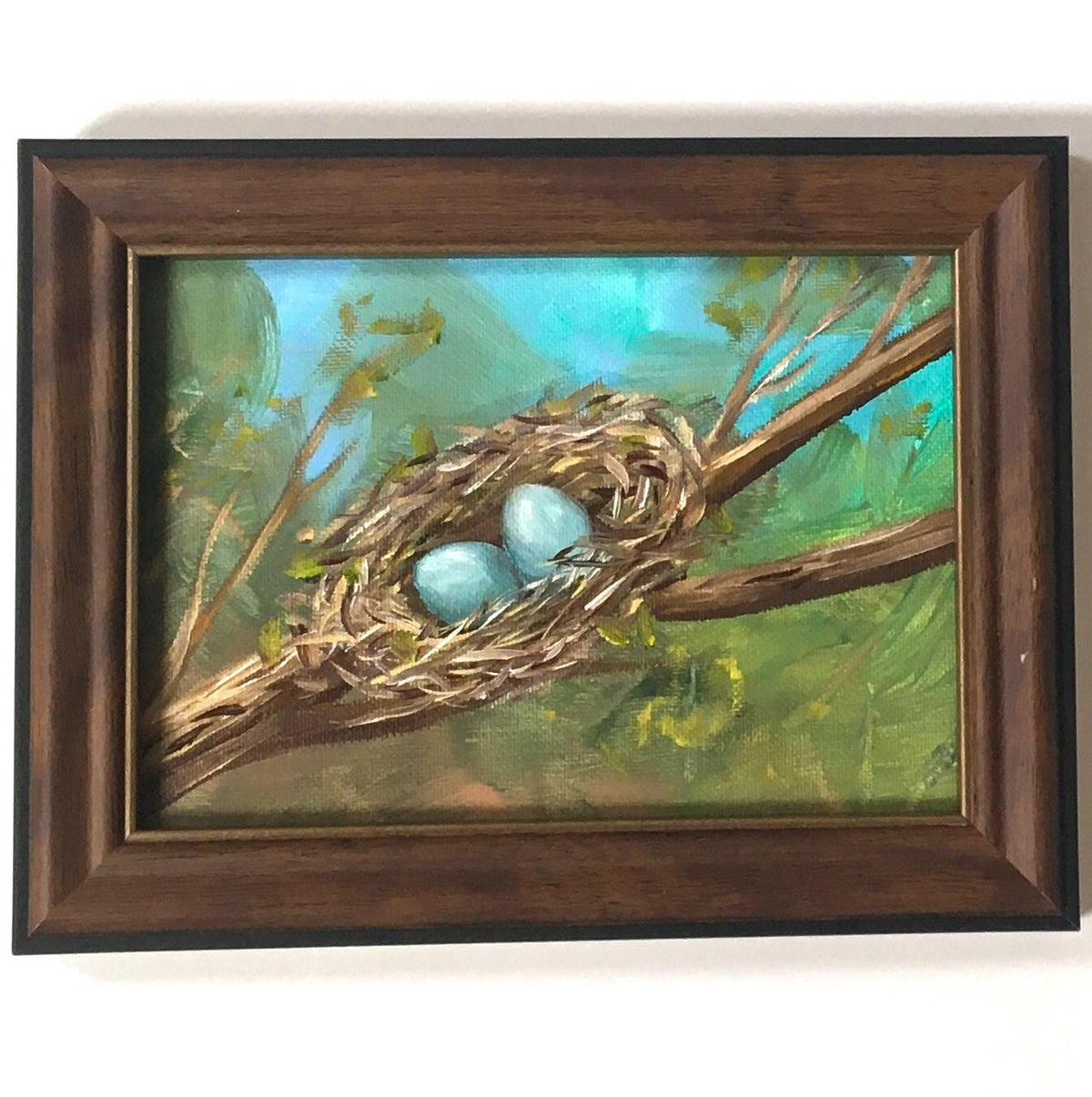 Two eggs in a nest Original oil painting outdoor happy family art wall hanging