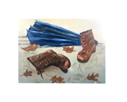 Original oil painting boots umbrella still life art ready ooak wall hanging