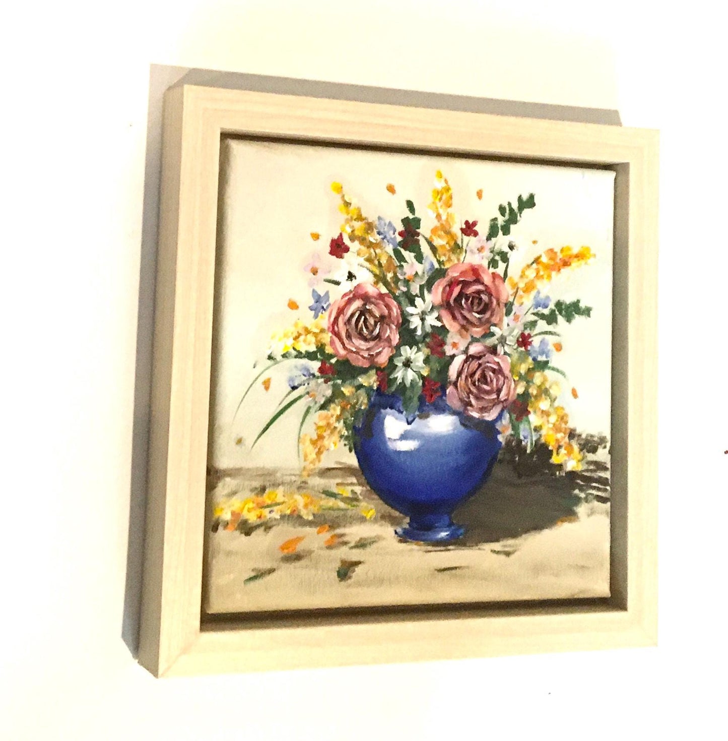 Framed Original oil painting colorful flowers in a vase art ready ooak wall hanging gift