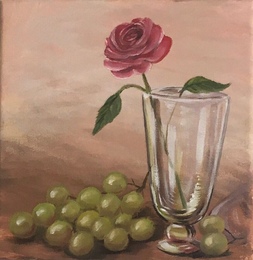 Original oil painting red rose and grapes art ready ooak wall hanging gift