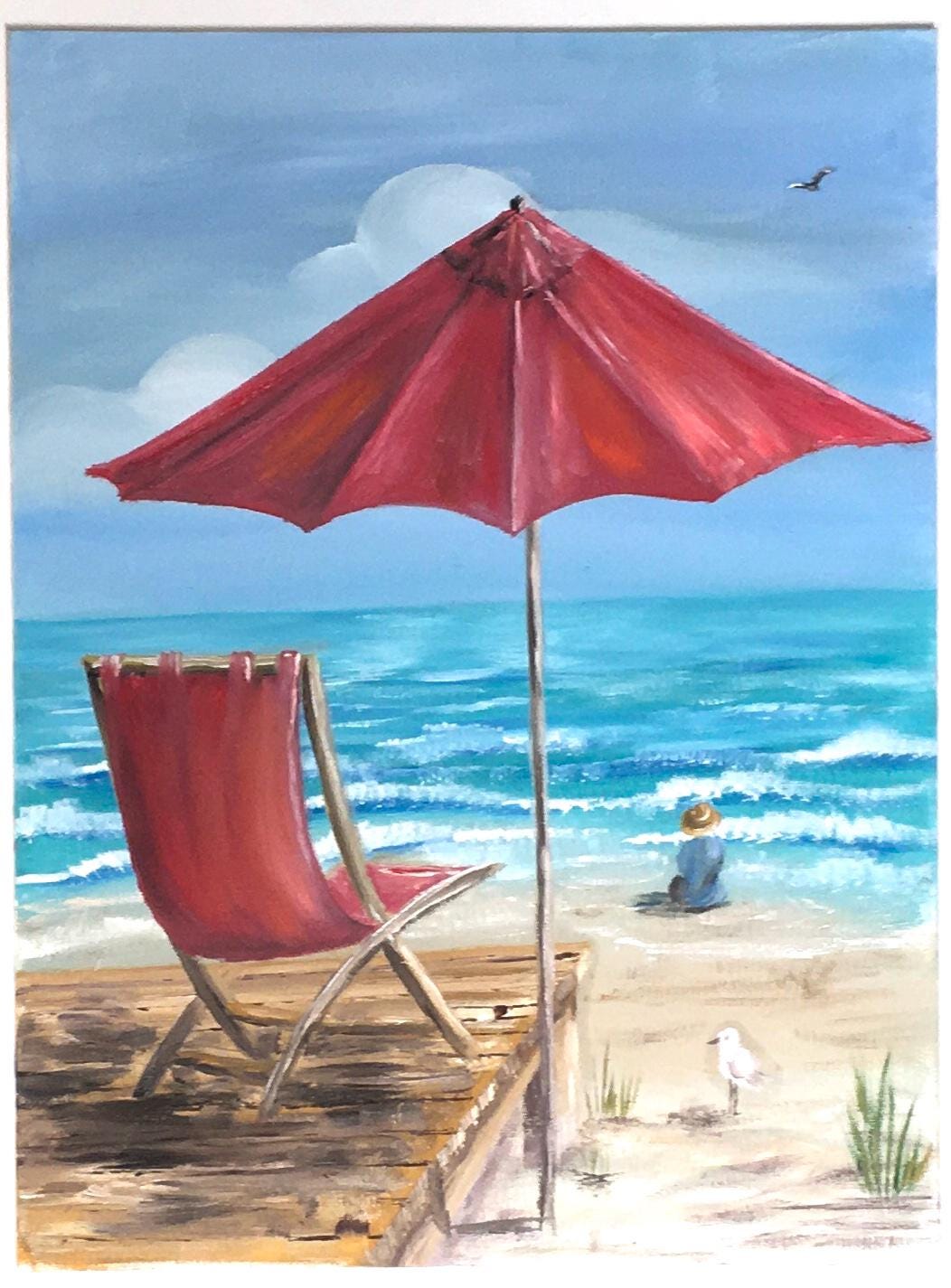 Seascape beach 16x12 inches Original oil painting red umbrella art wall hanging