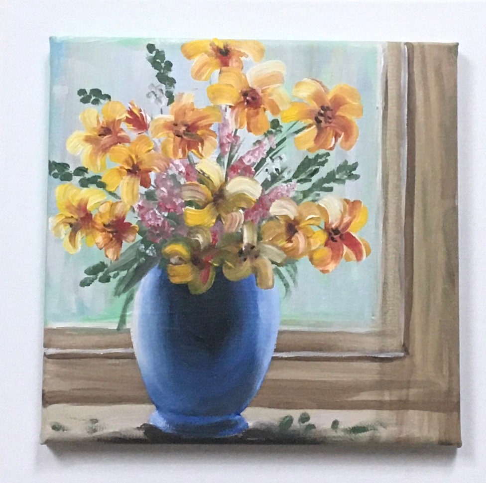 Original oil painting flowers in window art ready ooak wall hanging gift