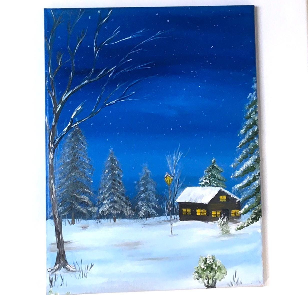 Landscape winter night 16x20 inches Original oil painting outdoor snow art wall hanging