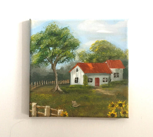 Landscape house cozy home outside flowers Original oil painting art wall hanging
