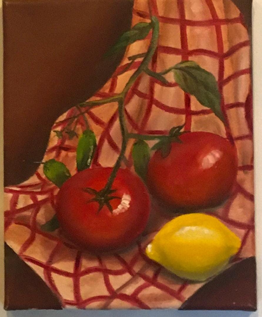 8x10 inches Original oil painting art onion tomatoes lemon kitchen food wall hanging