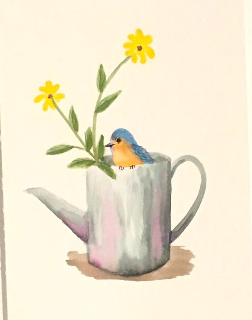 Bird on watering can 7x10 inches Original painting watercolor art (not print)