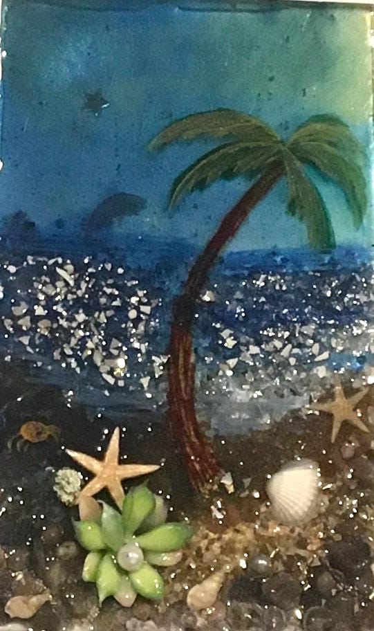 Original painting 3D glass resin art seascape palm tree relaxing vacation ooak collectable gift