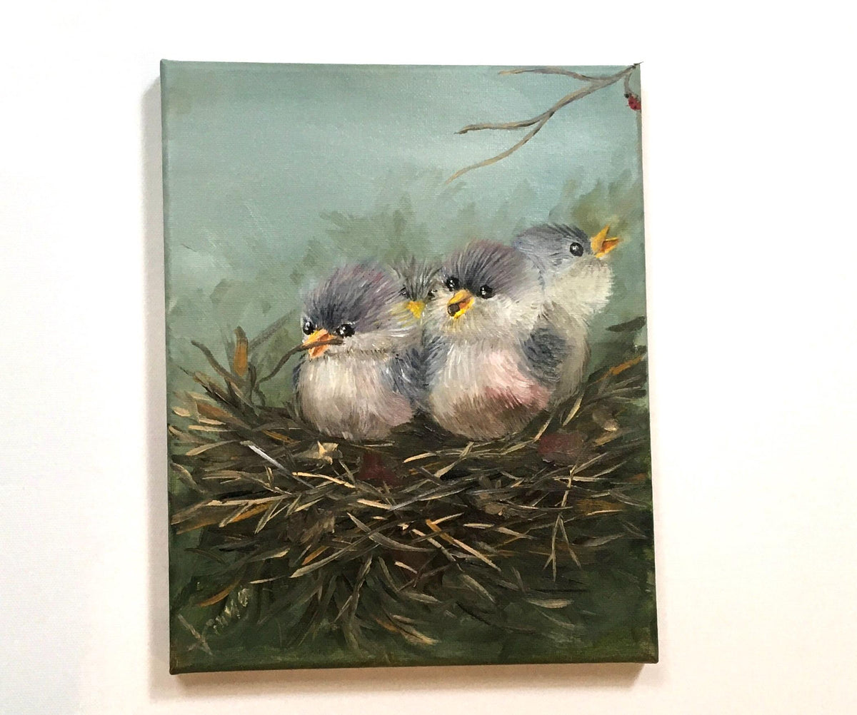 Original oil painting baby birds in a nest art ready ooak wall hanging gift