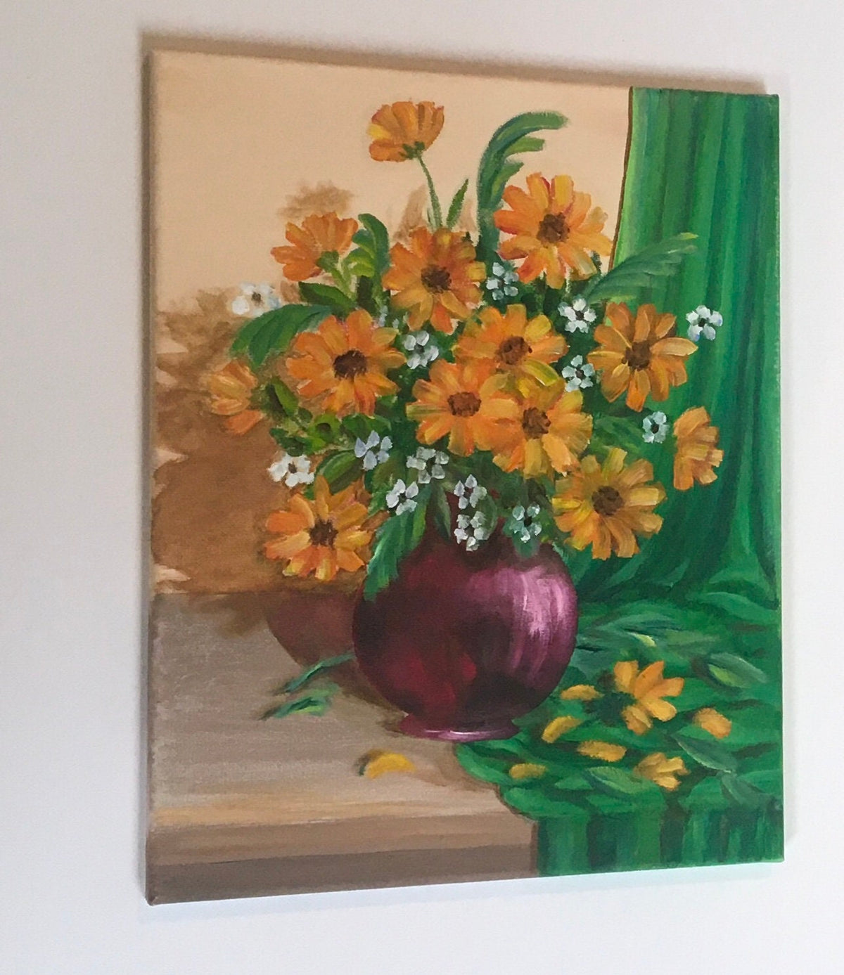 Original oil painting still life art yellow flowers bouquet wall hanging