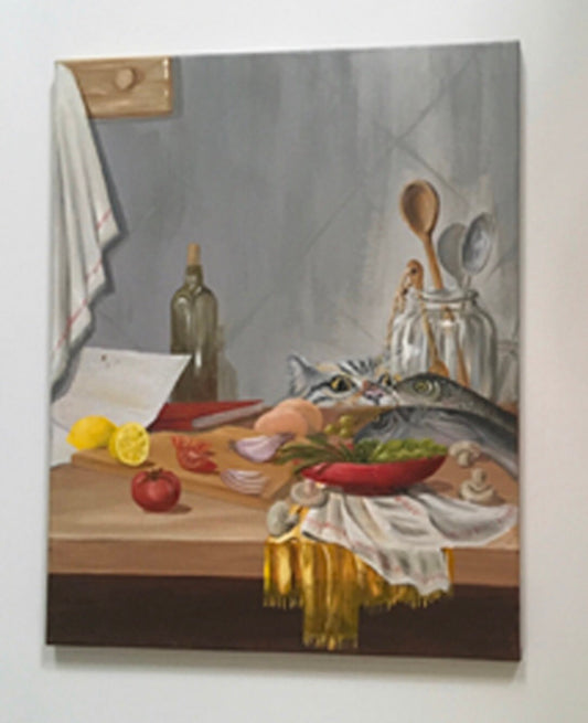 Original oil painting cute cat fish kitchen art ready ooak wall hanging gift