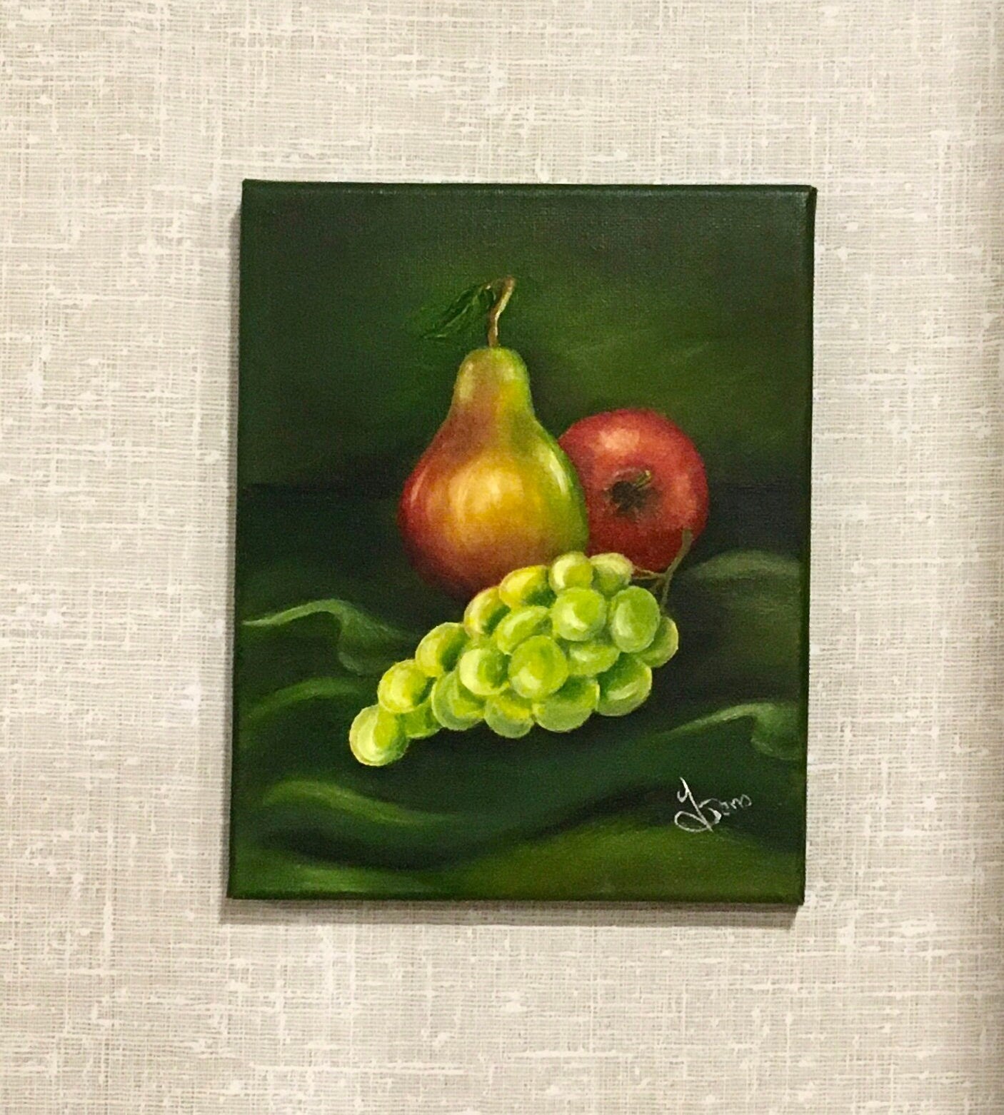 Original oil painting art fruits apple pear grapes kitchen food wall hanging