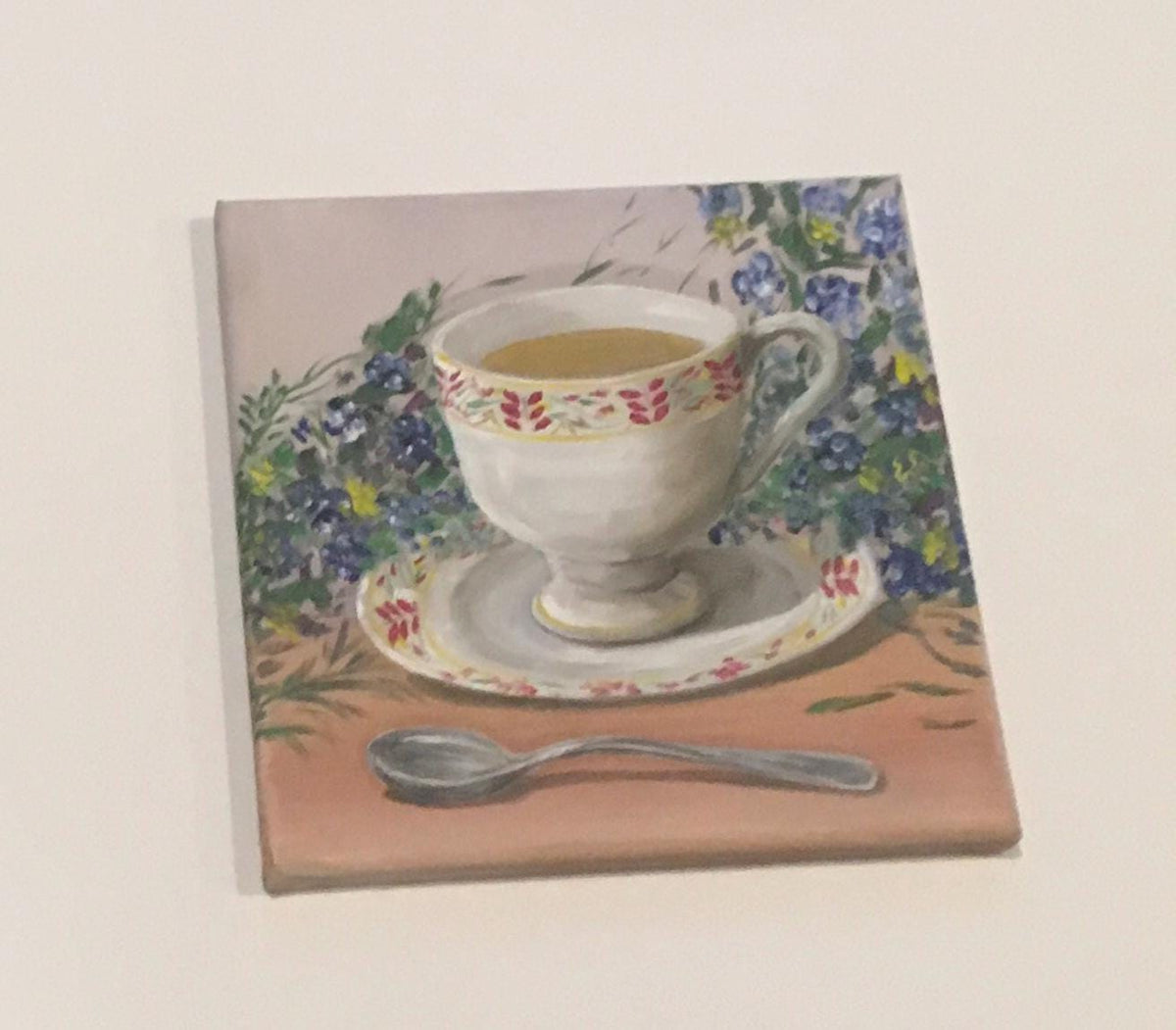 Original 10x10 oil painting tea cup flowers kitchen art ready ooak wall hanging gift