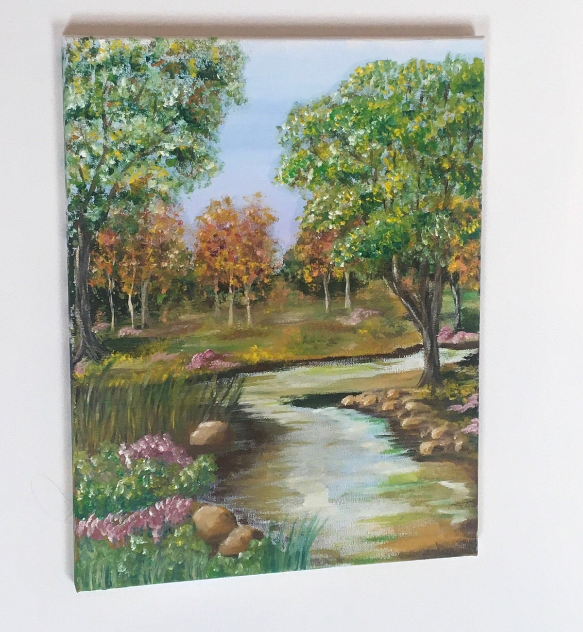 Landscape relaxing outdoor stream trees Original oil painting art wall hanging